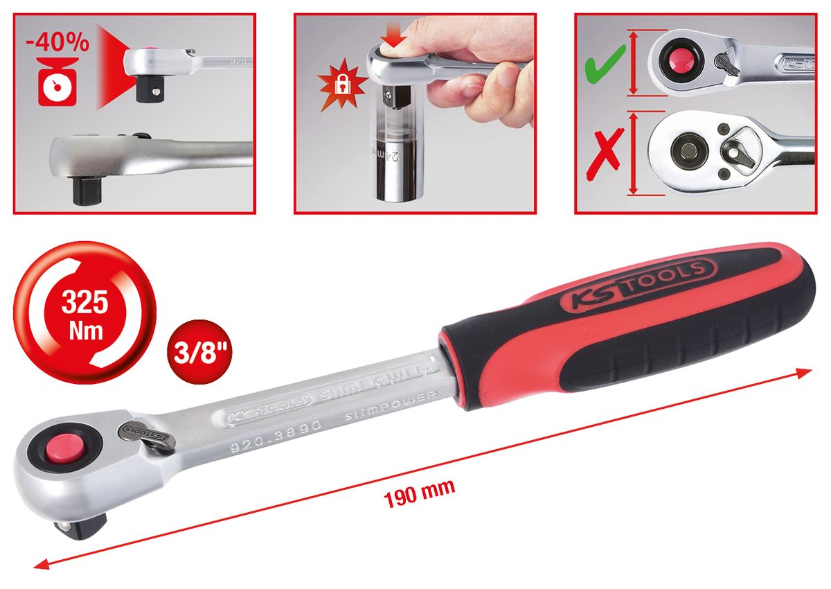 KS TOOLS 3/8" SlimPOWER Umschaltknarre,72 Zahn ( 920.3890 ) - Toolbrothers