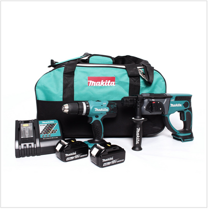 Makita DLX 2025 M Set: DHR 202 Akku Kombihammer + DHP 453 Akku Schlagbohrschrauber mit 2x 4 Ah Akkus und Ladegerät in Tasche - Toolbrothers