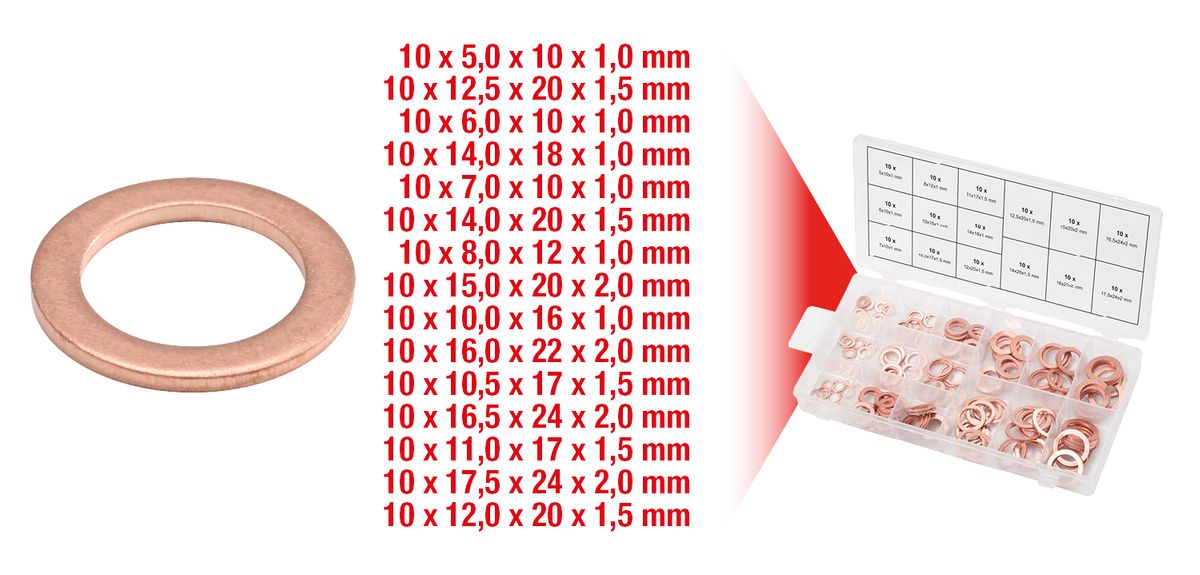 KS TOOLS Sortiment Kupfer-Dichtringe, Ø 5-17,5mm, 150-tlg ( 970.0040 ) - Toolbrothers