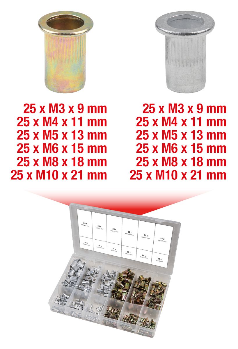 KS TOOLS Sortiment Gewindenieten, Stahl und Aluminium, M3x9mm-M10x21mm, 300-tlg ( 970.0630 ) - Toolbrothers