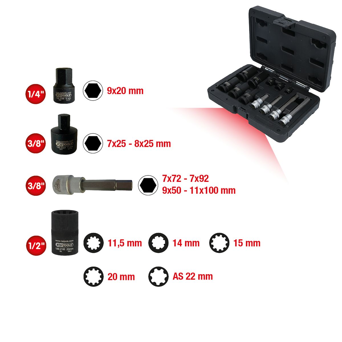 KS TOOLS Bremssattelverschraubung-Spezialstecknuss-Satz, 12-tlg ( 150.2400 ) - Toolbrothers