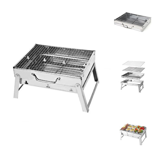 Toolbrothers Outdoor tragbarer Holzkohle Edelstahl Grill für Camping werkzeuglose Montage 43 x 29 x 23 cm Silber Smoker BBQ Pit Grill