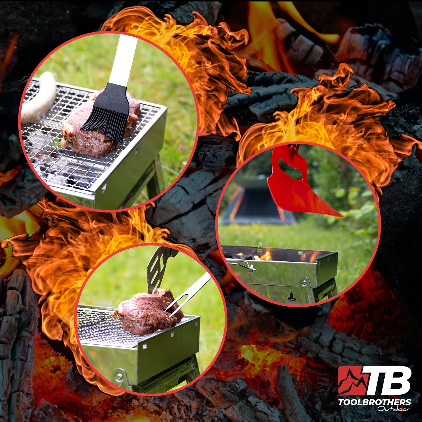 Toolbrothers Outdoor tragbarer Holzkohle Edelstahl Grill Set für Camping werkzeuglose Montage 43 x 29 x 23 cm Silber + Grillbesteck , Grillhandschuhe & Grillfächer 8-tlg