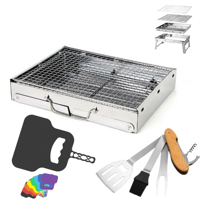 Toolbrothers Outdoor tragbarer Holzkohle Edelstahl Grill Set für Camping werkzeuglose Montage 43 x 29 x 23 cm Silber + Grillbesteck , Grillhandschuhe & Grillfächer 8-tlg