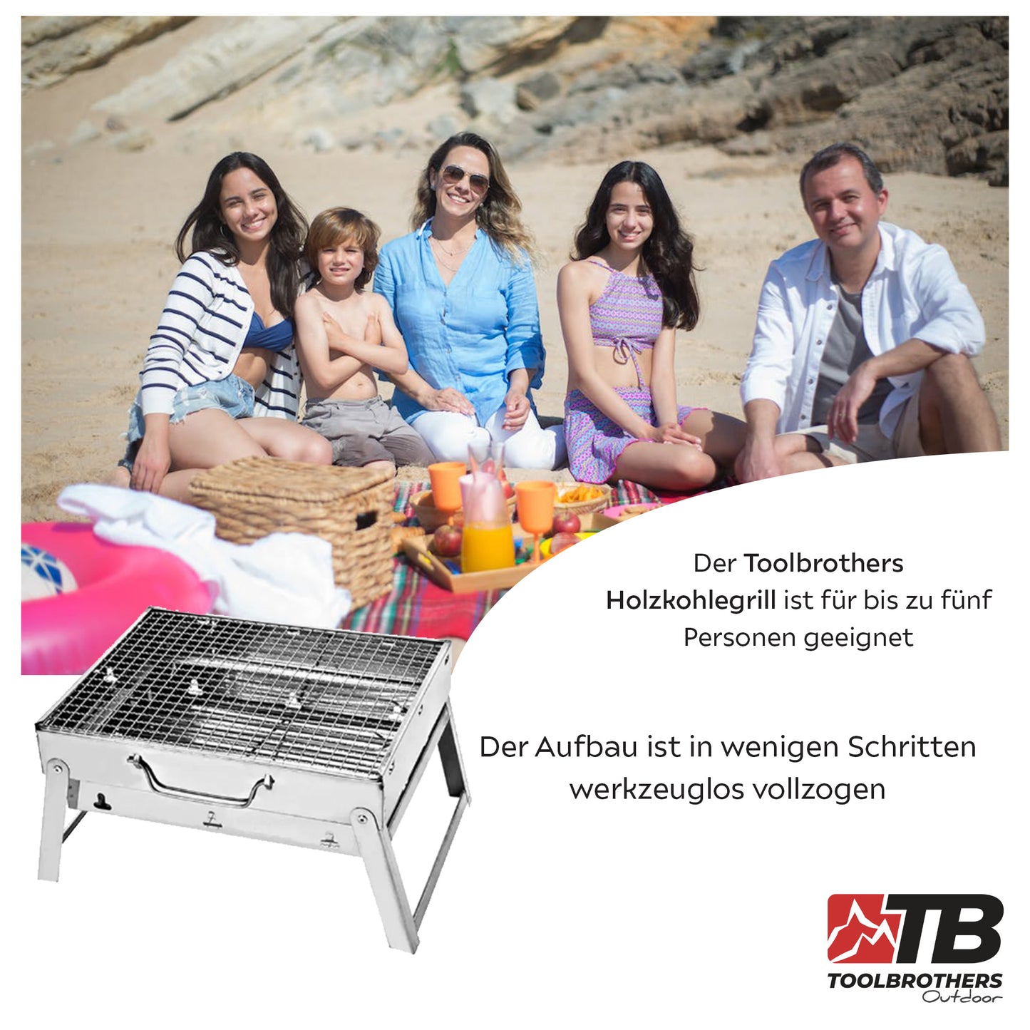 Toolbrothers Outdoor tragbarer Holzkohle Edelstahl Grill Set für Camping werkzeuglose Montage 43 x 29 x 23 cm Silber + Grillbesteck , Grillhandschuhe & Grillfächer 8-tlg