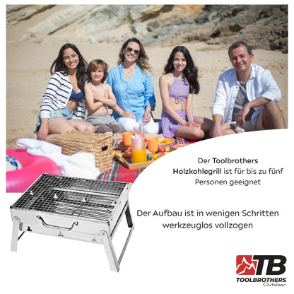 Toolbrothers Kit de Gril à Charbon Portable d'extérieur en Acier Inoxydable pour Camping Montage sans Outil 43 x 29 x 23 cm Argent + Couverts de Gril, Gants de Gril et Ventilateur de Gril 8 pièces