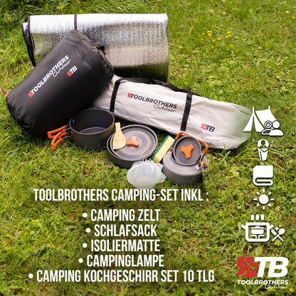 Toolbrothers Outdoor Camping-Set Zelt für 2-4 Personen Hydraulikzelt mit Isoliermatte & Campingausrüstung 14 tlg