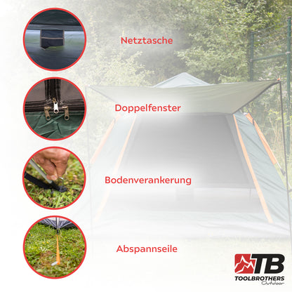 Toolbrothers Outdoort Camping-Set Zelt für 2-4 Personen Hydraulikzelt  Pop-Up zelt + Campingausrüstung 12 tlg