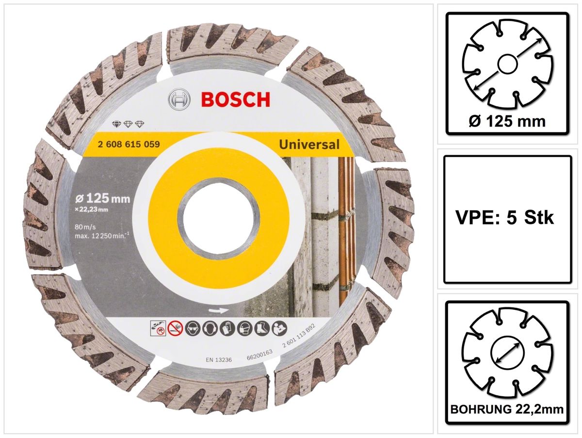 Bosch Standard for Universal Diamanttrennscheibe 125 x 22,23 mm 5 Stk. ( 5x 2608615059 ) für Beton, Stahl-Beton, Back-, Kalk- und Sand-Stein