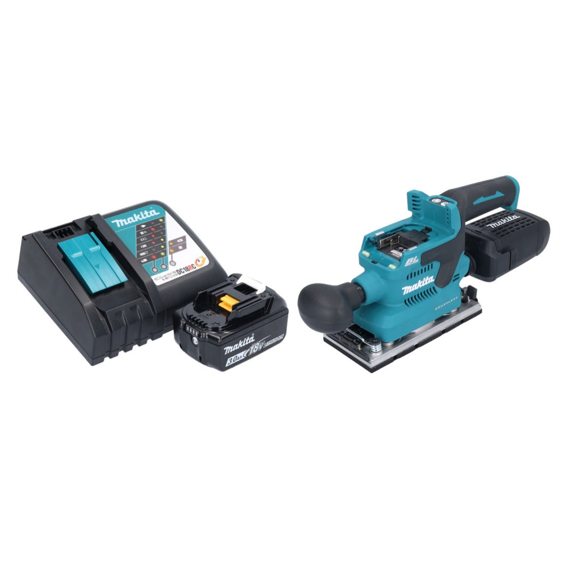 Makita DBO 382 RF1 Akku Schwingschleifer 18 V 93 x 185 mm Brushless + 1x Akku 3,0 Ah + Ladegerät