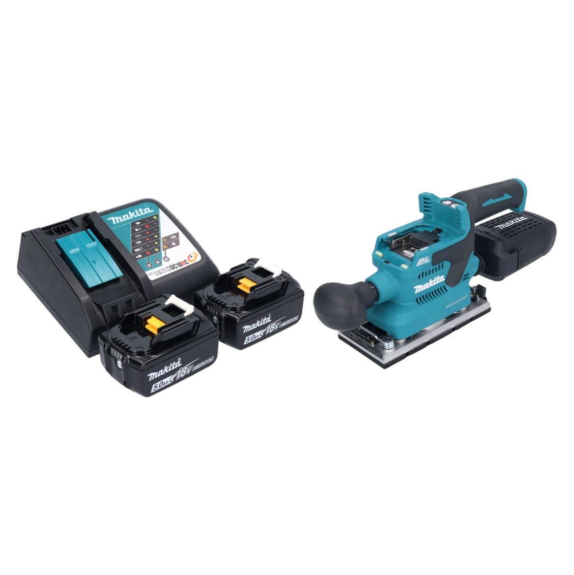 Makita DBO 382 RT Akku Schwingschleifer 18 V 93 x 185 mm Brushless + 2x Akku 5,0 Ah + Ladegerät