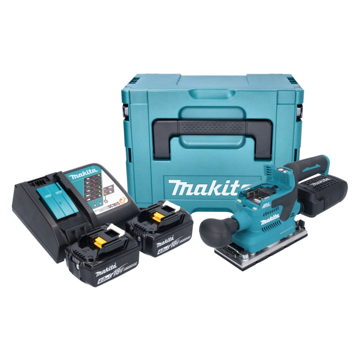 Makita DBO 382 RMJ Akku Schwingschleifer 18 V 93 x 185 mm Brushless + 2x Akku 4,0 Ah + Ladegerät + Makpac