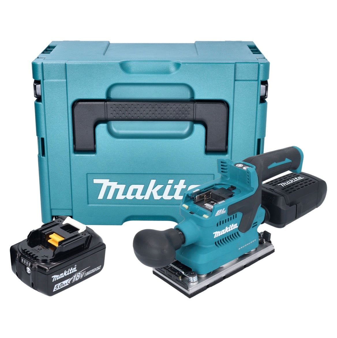 Makita DBO 382 T1J Akku Schwingschleifer 18 V 93 x 185 mm Brushless + 1x Akku 5,0 Ah + Makpac - ohne Ladegerät