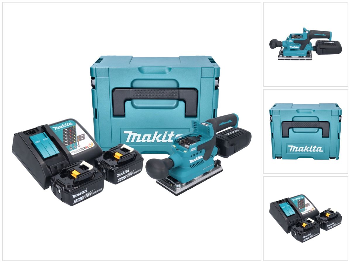 Makita DBO 382 RGJ Akku Schwingschleifer 18 V 93 x 185 mm Brushless + 2x Akku 6,0 Ah + Ladegerät + Makpac