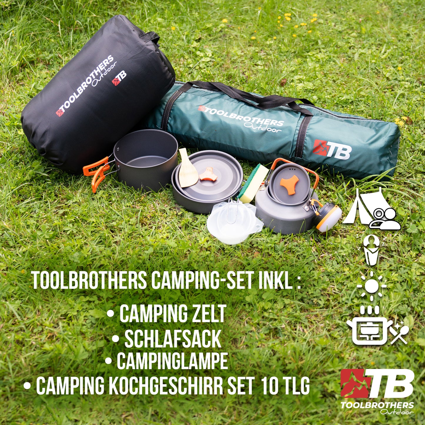 Toolbrothers Kit de camping en plein air Tente pour 2 à 4 personnes Tente hydraulique Pop-Up + Équipement de camping 13 pièces