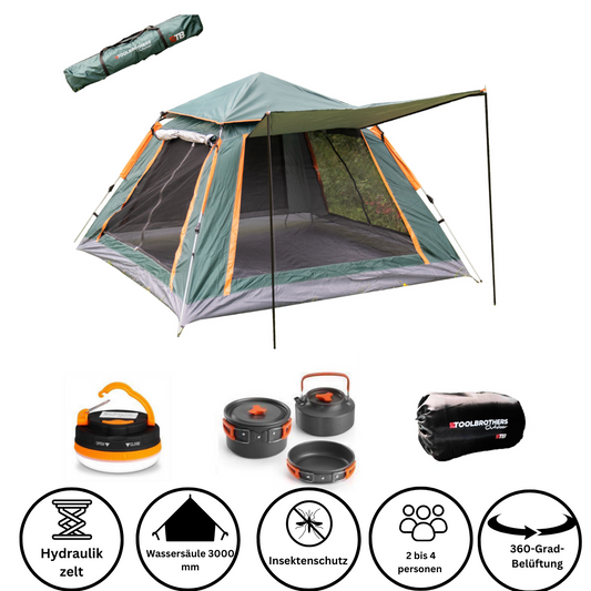 Toolbrothers Kit de camping en plein air Tente pour 2 à 4 personnes Tente hydraulique Pop-Up + Équipement de camping 13 pièces