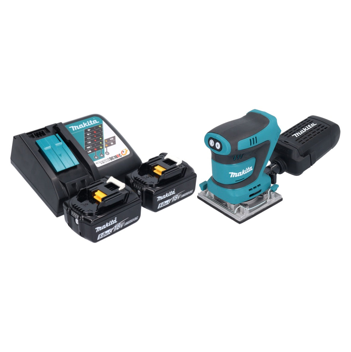 Makita DBO 484 RT Akku Schwingschleifer 18 V 112 x 102 mm + 2x Akku 5,0 Ah + Ladegerät