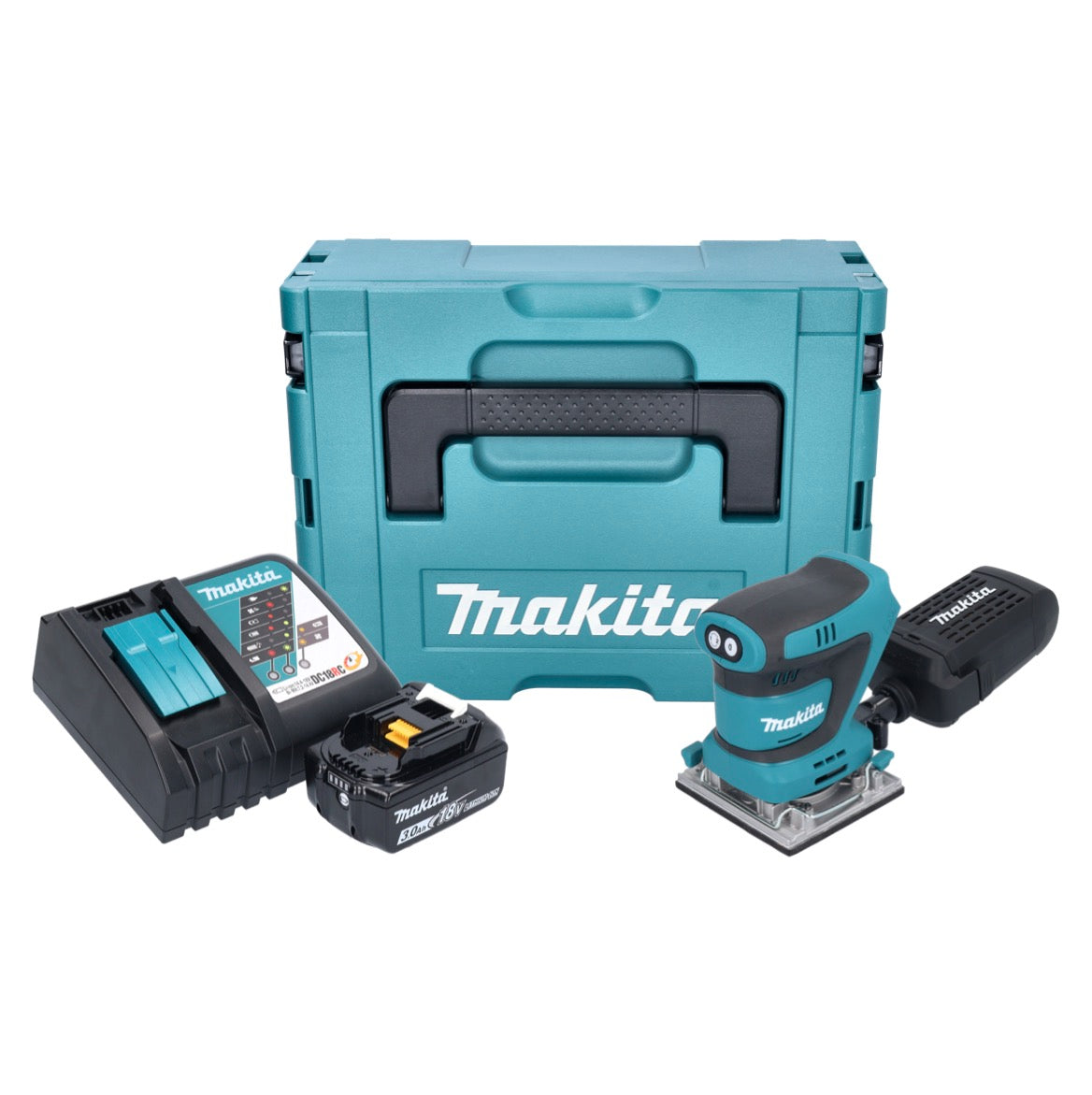 Makita DBO 484 RF1J Akku Schwingschleifer 18 V 112 x 102 mm + 1x Akku 3,0 Ah + Ladegerät + Makpac