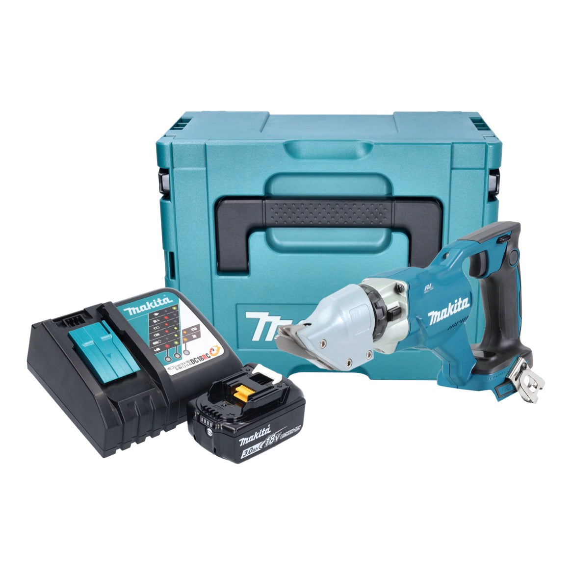 Makita DJS 200 RF1J Akku Blechschere 18 V 2,0 mm Brushless + 1x Akku 3,0 Ah + Ladegerät + Makpac