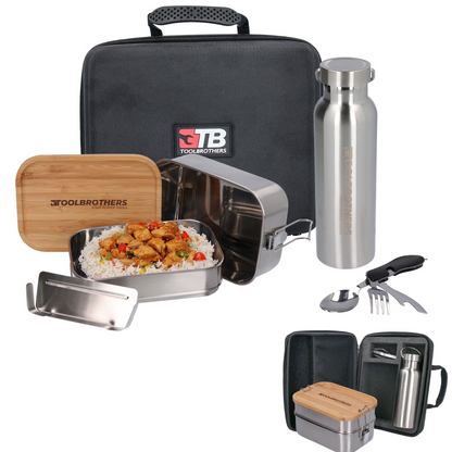 Toolbrothers Fan Lunchpaket in Hardcase Tragetasche Lunchtasche Wasserdicht mit Edelstahl Brotdose 2 Etagen Bambus Deckel 1340 ml + Edelstahl Trinkflasche 600 ml + 4 in 1 Multifunktions Besteck