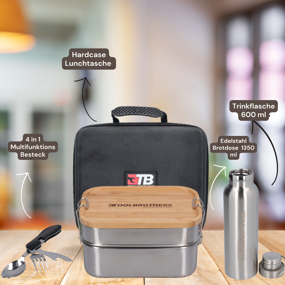 Toolbrothers Fan Lunchpaket in Hardcase Tragetasche Lunchtasche Wasserdicht mit Edelstahl Brotdose 2 Etagen Bambus Deckel 1340 ml + Edelstahl Trinkflasche 600 ml + 4 in 1 Multifunktions Besteck