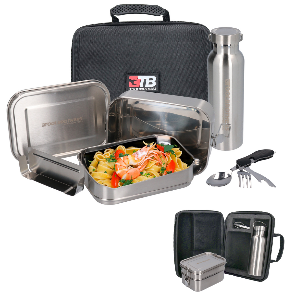 Toolbrothers Fan Lunchpaket in Hardcase Tragetasche Lunchtasche Wasserdicht  mit 2 Etagen Brotdose, Edelstahl Deckel 1340 ml + Edelstahl Trinkflasche 600 ml + 4 in 1 Multifunktions Besteck