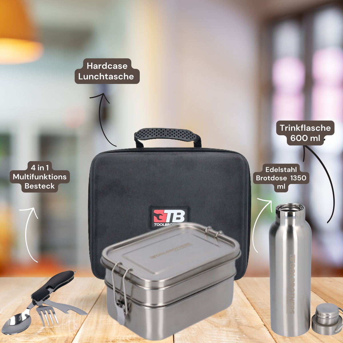 Toolbrothers Fan Lunchpaket in Hardcase Tragetasche Lunchtasche Wasserdicht  mit 2 Etagen Brotdose, Edelstahl Deckel 1340 ml + Edelstahl Trinkflasche 600 ml + 4 in 1 Multifunktions Besteck