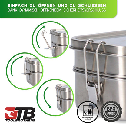 Toolbrothers Fan Lunchpaket in Hardcase Tragetasche Lunchtasche Wasserdicht  mit 2 Etagen Brotdose, Edelstahl Deckel 1340 ml + Edelstahl Trinkflasche 600 ml + 4 in 1 Multifunktions Besteck