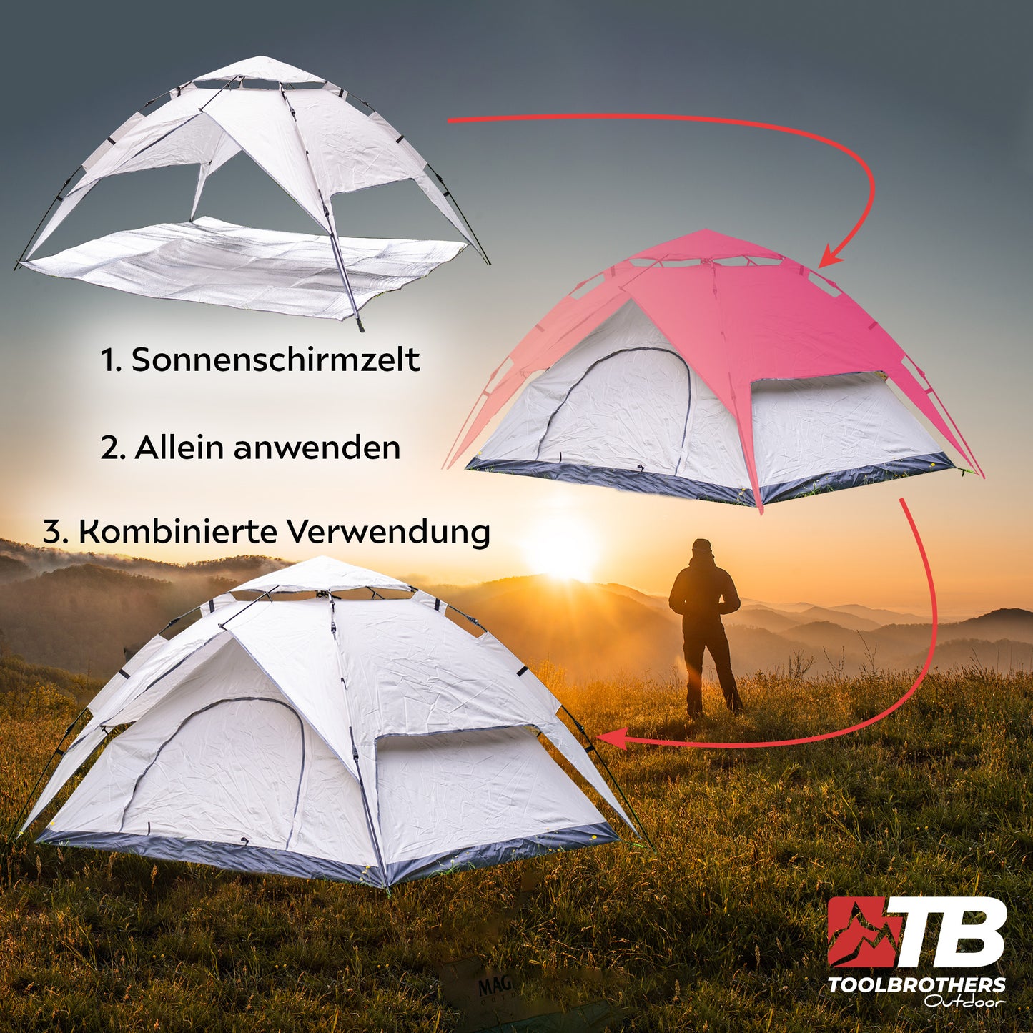 Toolbrothers  Outdoor  Camping Zelt für 2-4 Personen Kuppelzelt Hydraulikzelt Pop-Up zelt  Wasserdicht, 2000-3000 mm Wassersäule