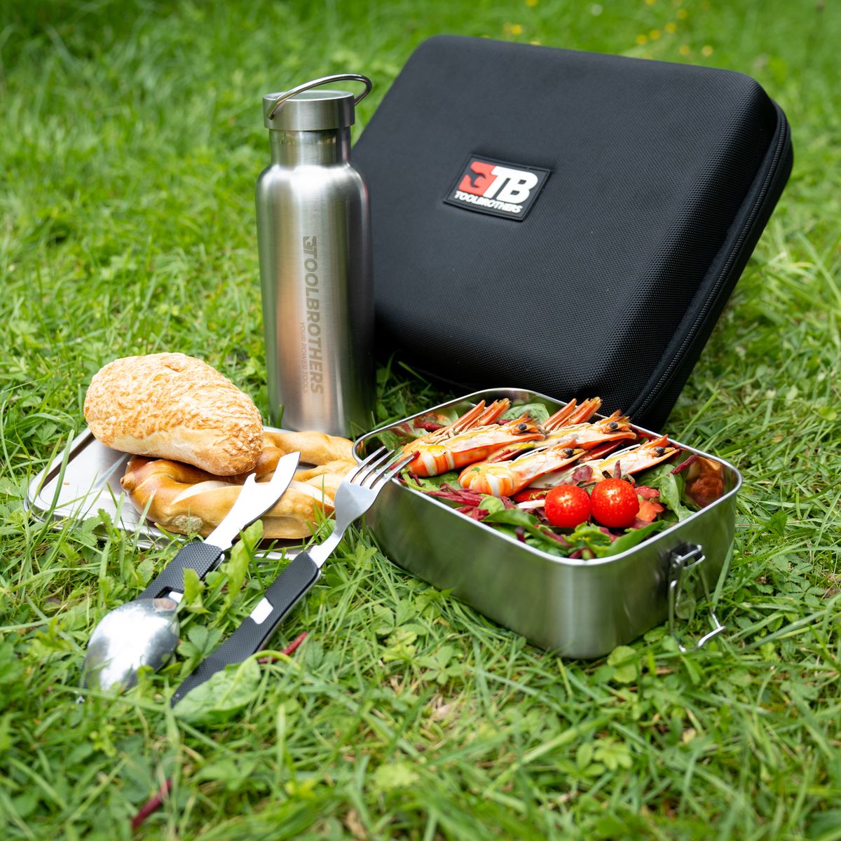 Sac à lunch Toolbrothers dans un étui rigide, sac de transport avec boîte à lunch en acier inoxydable avec séparateurs 1200 ml + gourde 600 ml + couverts multifonctions 4 en 1