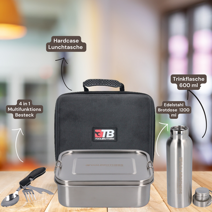 Toolbrothers Lunchpaket in Hardcase Tragetasche mit Edelstahl Brotdose mit Trennfächern 1200 ml + Trinkflasche 600 ml + 4 in 1 Multifunktions Besteck