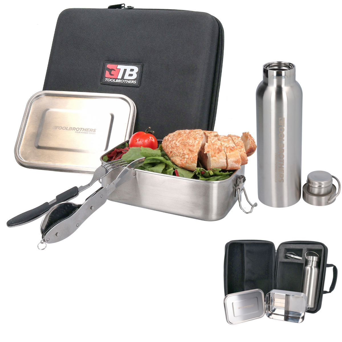 Toolbrothers Lunchpaket in Hardcase Tragetasche mit Edelstahl Brotdose mit Trennfächern 1200 ml + Trinkflasche 600 ml + 4 in 1 Multifunktions Besteck