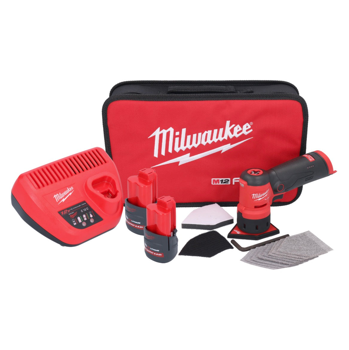 Meuleuse à pointes sur batterie Milwaukee M12 FDSS-252B 12 V 88,8 x 63,5 mm + 2x batteries 2,5 Ah + chargeur