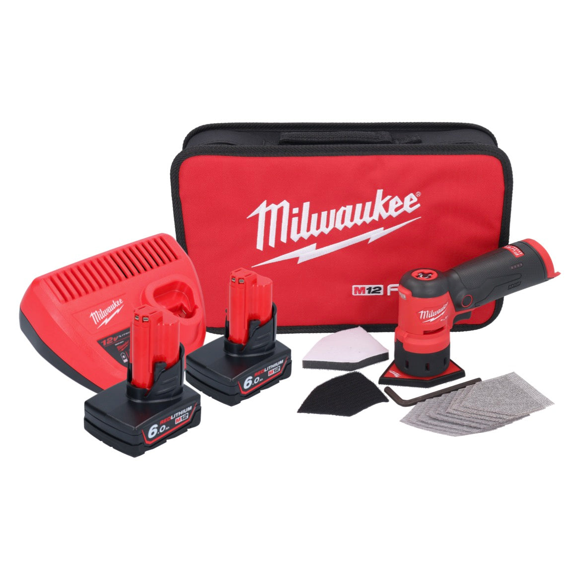 Milwaukee M12 FDSS-602B Akku Punktschleifer 12 V 88,8 x 63,5 mm + 2x Akku 6,0 Ah + Ladegerät