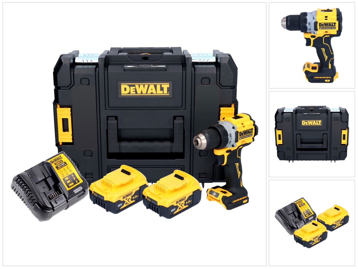 Perceuse-visseuse sans fil DeWalt DCD 800 P2T 18 V 90 Nm sans balais + 2x batteries 5,0 Ah + chargeur + TSTAK