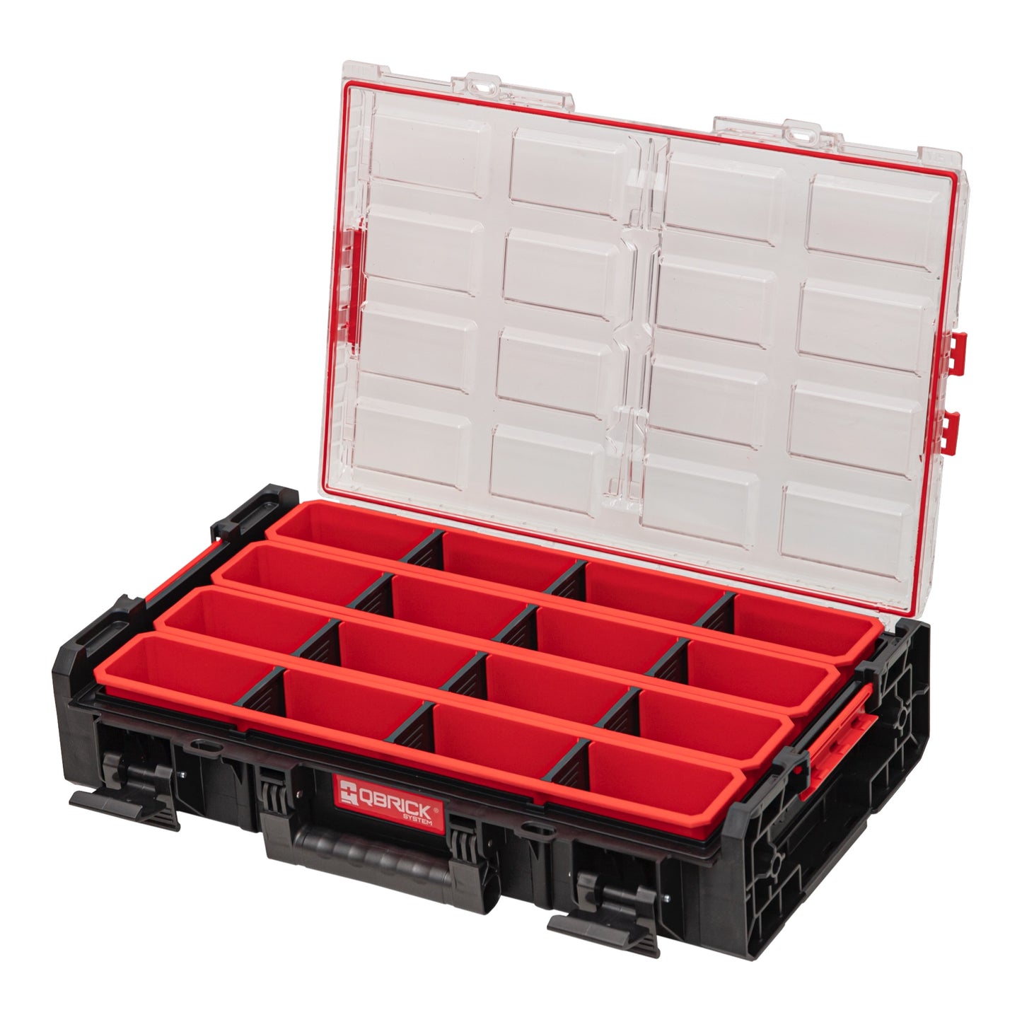 Qbrick System ONE Organizer XL 2.0 Long Bin stapelbar 582 x 387 x 131 mm 13,5 l IP66 mit 4 Inlays und 12 Trennwände