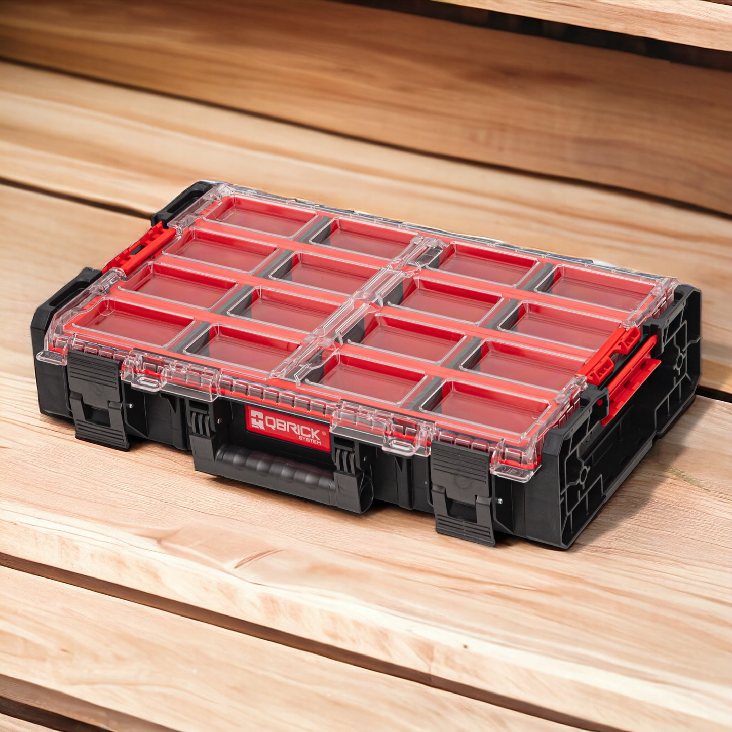 Qbrick System ONE Organizer XL 2.0 Long Bin stapelbar 582 x 387 x 131 mm 13,5 l IP66 mit 4 Inlays und 12 Trennwände