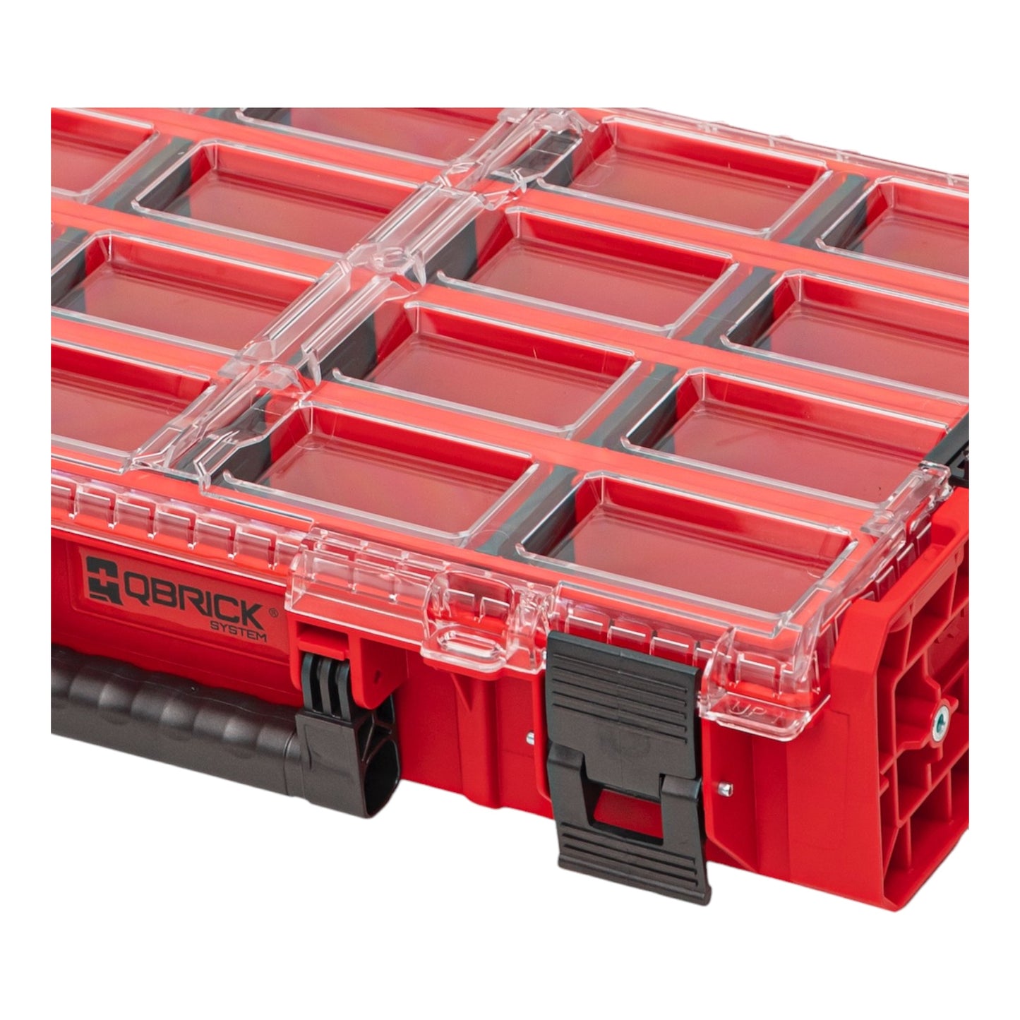 Qbrick System ONE Organiser XL 2.0 Long Bin RED ULTRA HD Custom stapelbar 582 x 387 x 131 mm 13,5 l IP66 mit 4 Inlays und 12 Trennwänden