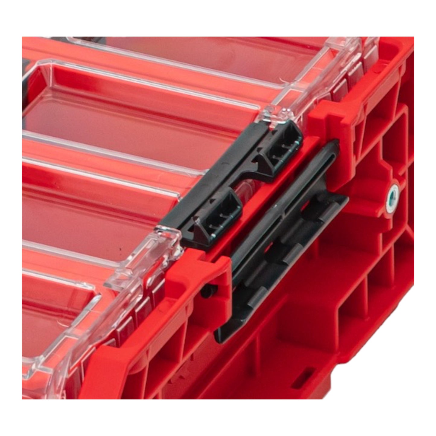 Qbrick System ONE Organiser XL 2.0 Long Bin RED ULTRA HD Custom stapelbar 582 x 387 x 131 mm 13,5 l IP66 mit 4 Inlays und 12 Trennwänden