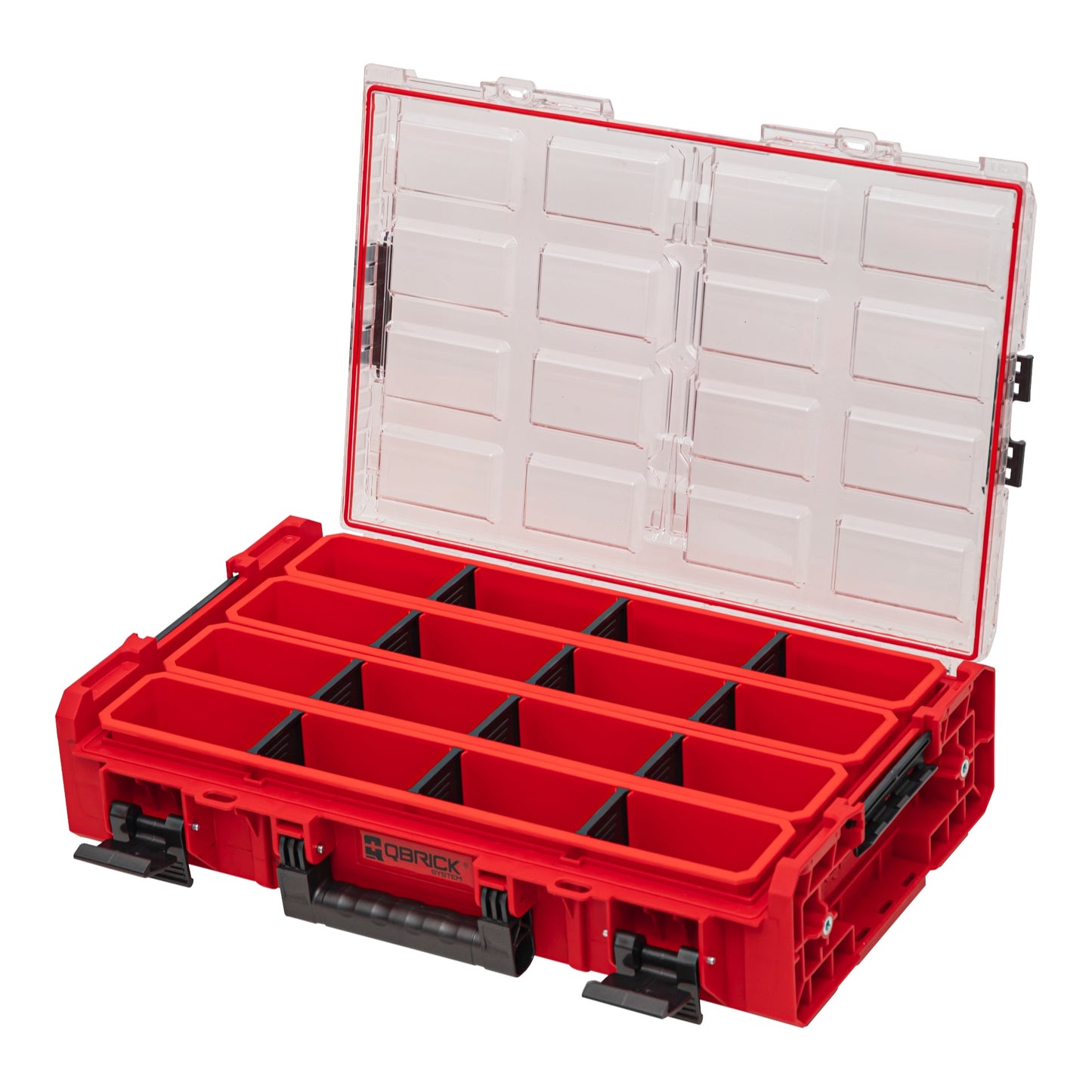 Qbrick System ONE Organiser XL 2.0 Long Bin RED ULTRA HD Custom stapelbar 582 x 387 x 131 mm 13,5 l IP66 mit 4 Inlays und 12 Trennwänden