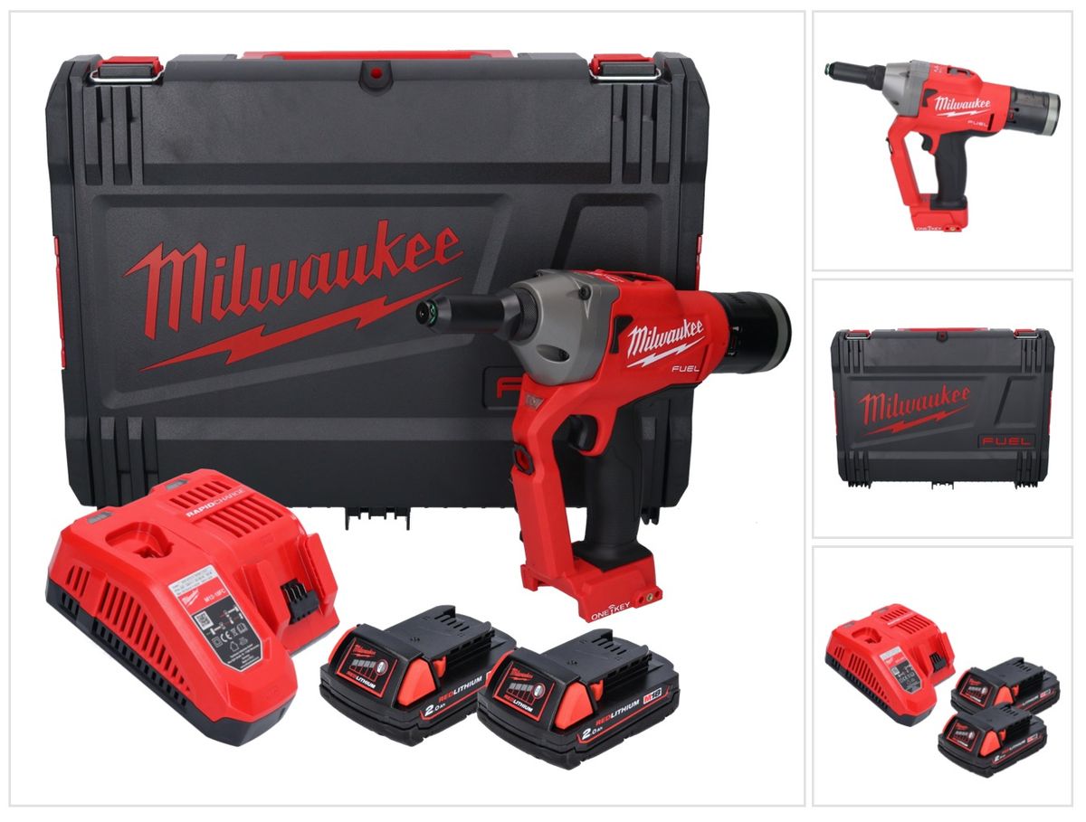 Milwaukee M18 ONEFPRT-202X Akku Blindnietgerät 18 V 20 kN Brushless ( 4933478602 ) + 2x Akku 2,0 Ah + Ladegerät + HD Box