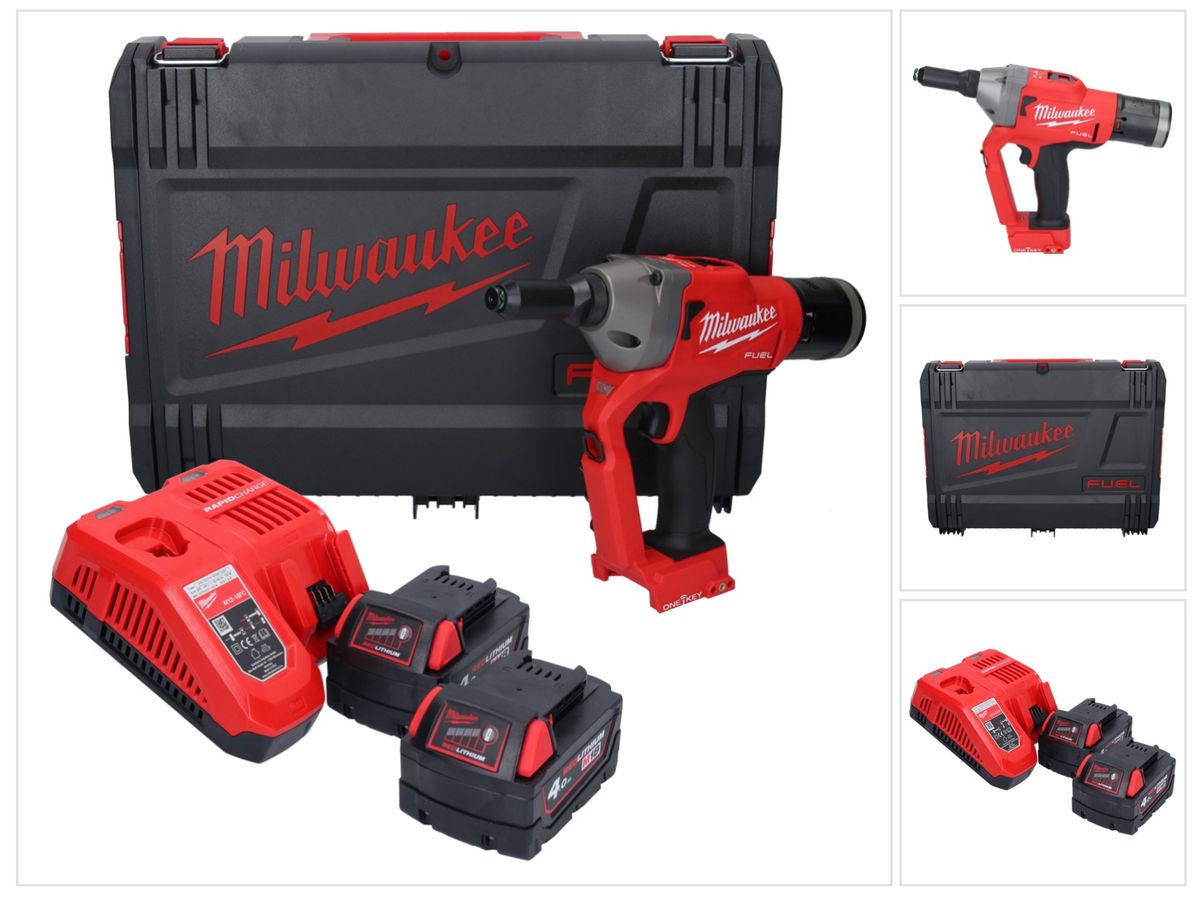 Riveteuse aveugle sur batterie Milwaukee M18 ONEFPRT-402X 18 V 20 kN sans balais + 2x batterie 4,0 Ah + chargeur + boîtier HD