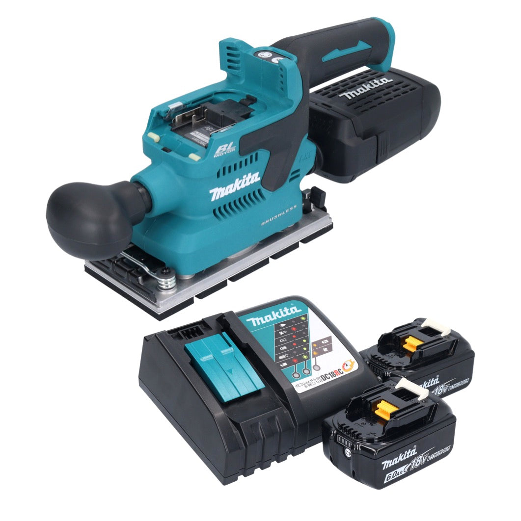 Makita DBO 381 RGU Akku Schwingschleifer 18 V 93 x 185 mm Brushless + 2x Akku 6,0 Ah + Ladegerät