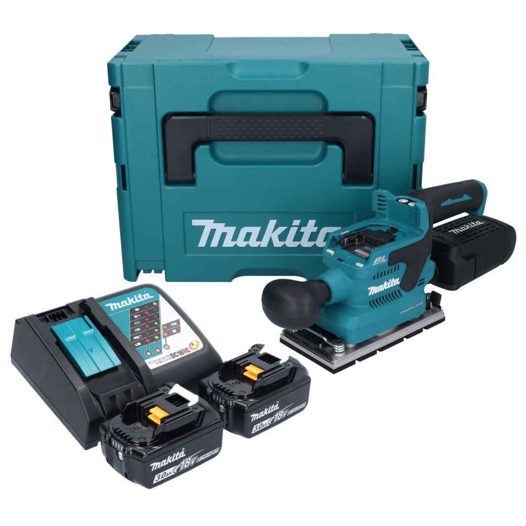 Makita DBO 381 RFJU Akku Schwingschleifer 18 V 93 x 185 mm Brushless + 2x Akku 3,0 Ah + Ladegerät + Makpac