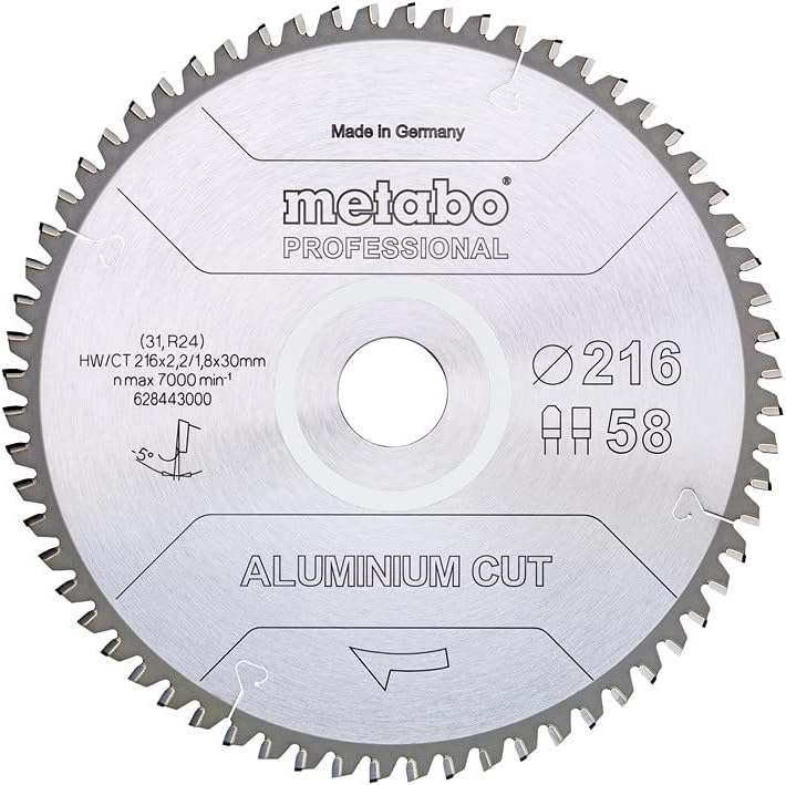 Metabo Aluminum Cut - Lame de scie circulaire professionnelle 216 x 30 mm Z58 FZ/TZ 5° NEG (628443000) pour l'aluminium