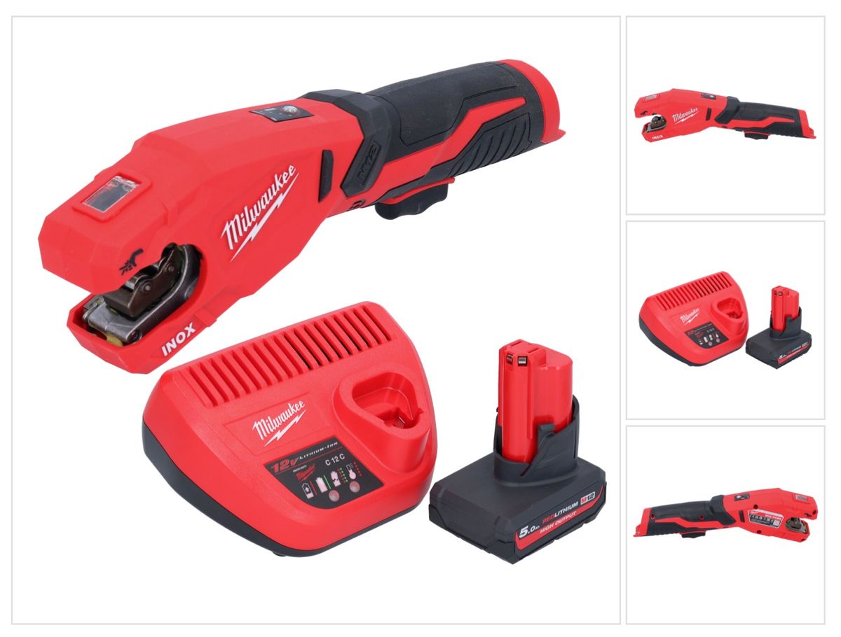 Coupe-tubes en acier inoxydable sur batterie Milwaukee M12 PCSS-501 12 V 12 - 28 mm + 1x batterie 5,0 Ah + chargeur