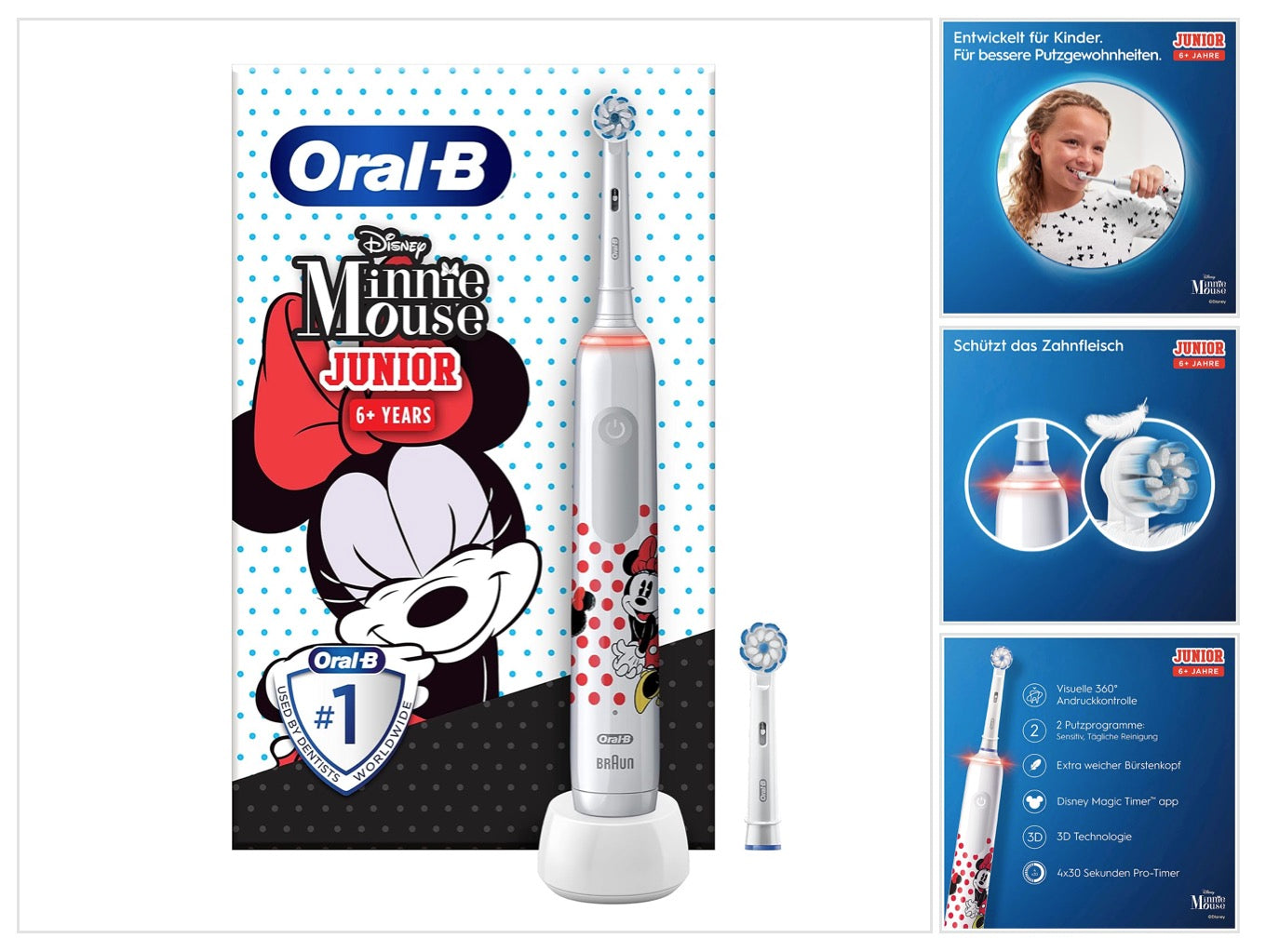 Oral-B Junior Minnie Mouse Elektrische Zahnbürste Electric Toothbrush für Kinder ab 6 Jahren 360° Andruckkontrolle 2 Putzmodi inkl., Timer, weiß + 2 Aufsteckbürsten