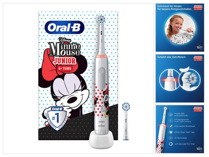 Oral-B Junior Minnie Mouse Brosse à dents électrique Brosse à dents électrique pour enfants de 6 ans et plus Contrôle de pression 360° 2 modes de brossage inclus, minuterie, blanc + 2 têtes de brosse