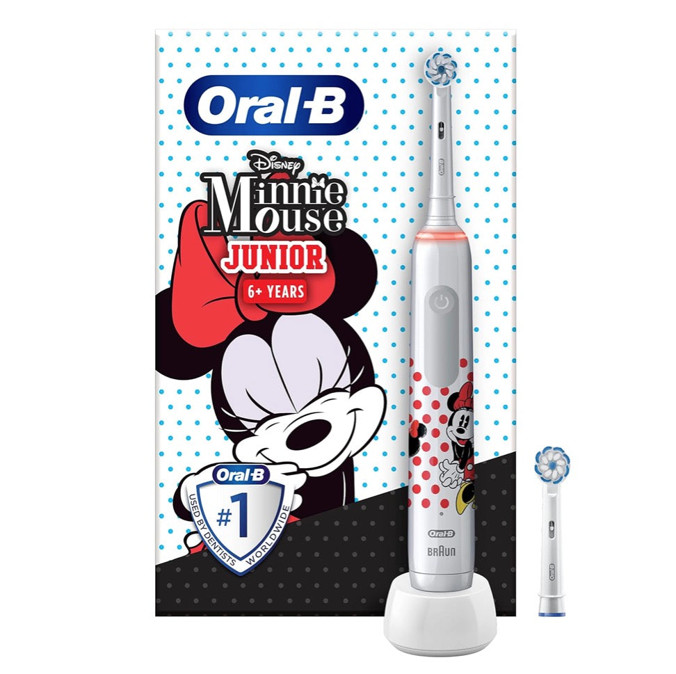 Oral-B Junior Minnie Mouse Brosse à dents électrique Brosse à dents électrique pour enfants de 6 ans et plus Contrôle de pression 360° 2 modes de brossage inclus, minuterie, blanc + 2 têtes de brosse