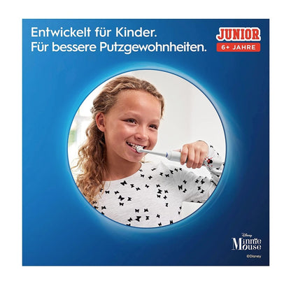 Oral-B Junior Minnie Mouse Elektrische Zahnbürste Electric Toothbrush für Kinder ab 6 Jahren 360° Andruckkontrolle 2 Putzmodi inkl., Timer, weiß + 2 Aufsteckbürsten